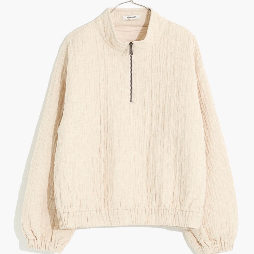 NWT Madewell Quilted Jacket Diamond Jacquard Half-Zip Pullover Oatmeal Melange